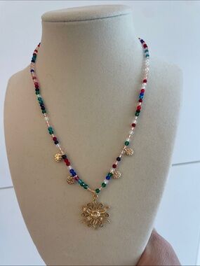 Anthropologie Gold Sun Pendant Multicolor Beaded Boho Necklace